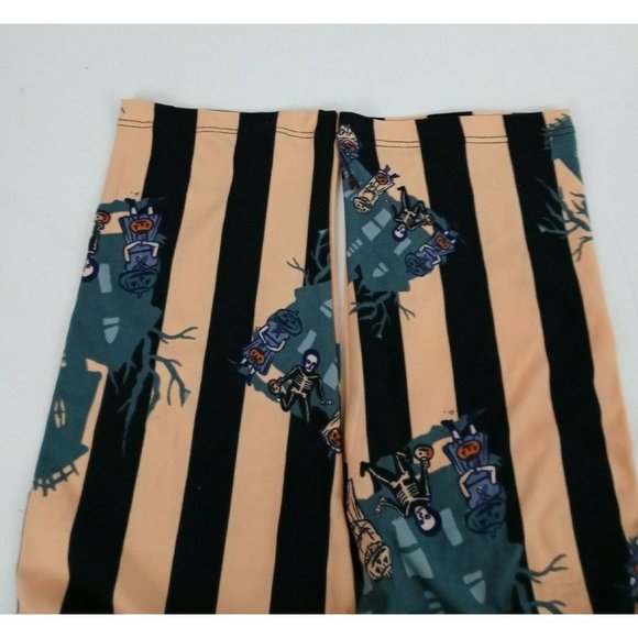 New LuLaRoe TC2 Halloween Leggings Orange & Black Striped W/ Haunted Houses - Picture 5 of 6